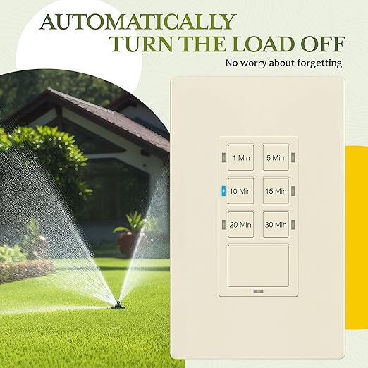 TG 30-Minute Countdown Timer Switch, 1-5-10-15-20-30 Min, for Bathroom Fans, Heaters, Lights, LED Indicator, 120VAC 800W, Neutral Wire Required, UL Listed, Screwless Wall Plate, Light Almond