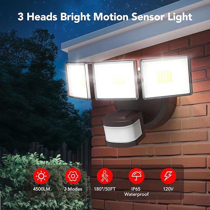OREiN 4500LM/35W Flood Lights Outdoor, 180°/40FT Motion Sensor Outdoor Lights Dusk to Dawn Security Lights IP65 Waterproof 3 Modes for Outside 4500SQ.FT Front Door, Garage, Bronze (Hardwired)