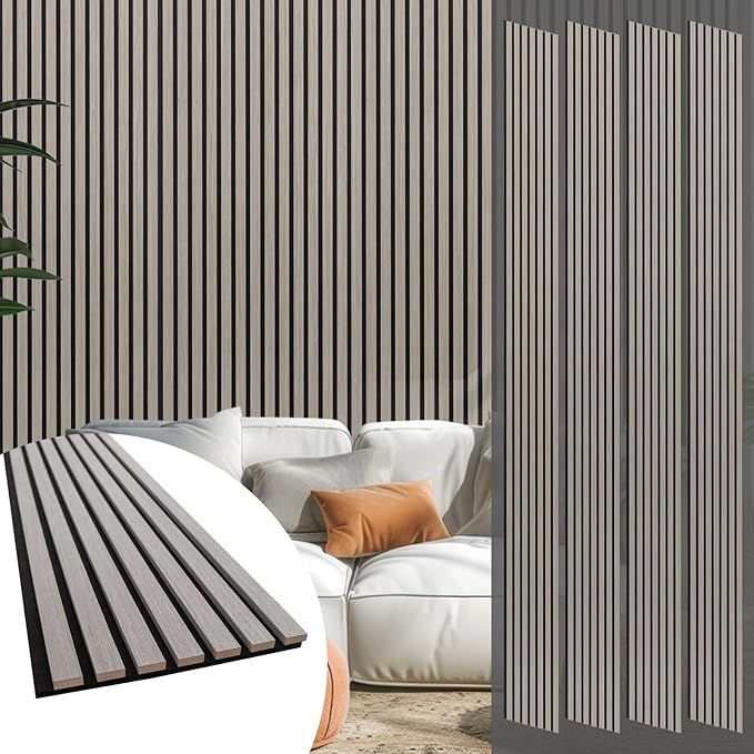 Yuzzy Wood Panels for Wall and Ceiling - 108 x 11 Inch Wood Slat Acoustic Panels 4 PCS - Modern Sound Absorbing Wall Panels for Interior Wall Decor for Home, Office, Studio - Rustic Gray Oak