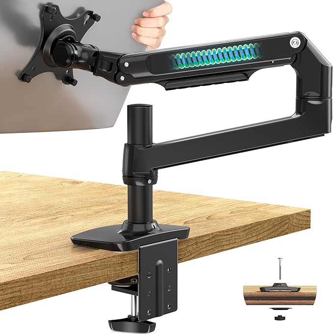 Ergounion Single Monitor Arm Desk Mount, Holds Screens up to 40 Inches and 25 lbs, Fully Adjustable Vesa Monitor Mount with C-Clamp and Grommet Base, Aluminum, Black