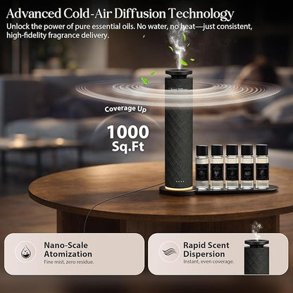 Waterless Scent Diffuser Starter Kit with 5 Oils, Luxury Hotel Style Cold Air Diffuser Oil Machine for Home, 1000 Sq Ft Coverage, Quiet Nebulizing Aromatherapy with Remote, Tower Fabric Design, Black
