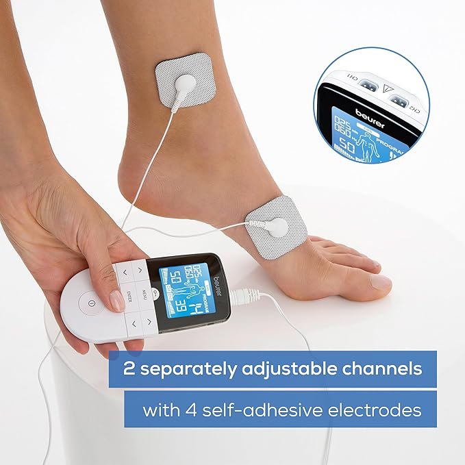 Beurer EM49 Digital TENS & EMS Device for Pain Relief and Muscle Stimulation, 15 TENS Programs, 35 EMS Programs, 2 Adjustable Channels with 4 Self-Adhesive Electrodes