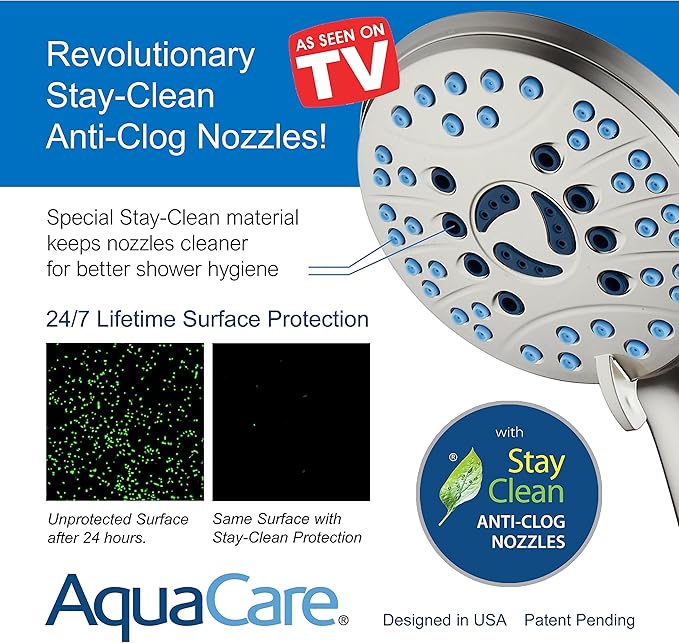 Hotel Spa AquaCare As-Seen-On-TV High Pressure Handheld/Rain 50-mode 3-way Shower Head Combo with Adjustable Arm - Anti-clog Nozzles, Tub & Pet Power Wash, 6 ft. Stainless Steel Hose, Nickel Finish