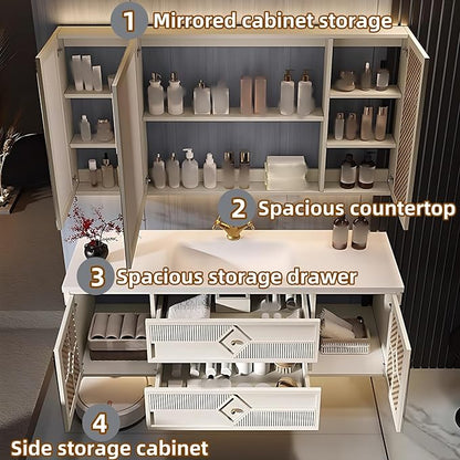 52IN Luxury Floating Bathroom Vanity - Single Sink Bathroom Vanities has Smart Defog Mirror & Slate Countertop | Woven Rattan Perforated Door Panel, LED Lights, 2 Drawers (Style B)