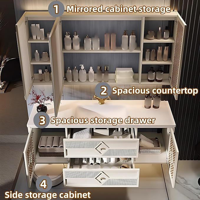 60IN Luxury Floating Bathroom Vanity - Single Sink Bathroom Vanities has Smart Defog Mirror & Slate Countertop | Woven Rattan Perforated Door Panel, LED Lights, 2 Drawers (Style B)