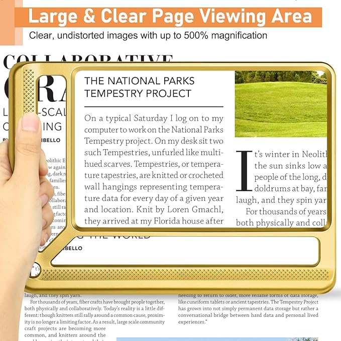 5X Full Page Magnifying Glass for Reading, Lightweight Rectangular Magnifier Provides Large Book Page Viewing Area, Handheld Magnifier for Reading Small Prints for Seniors, Low Vision-Gold