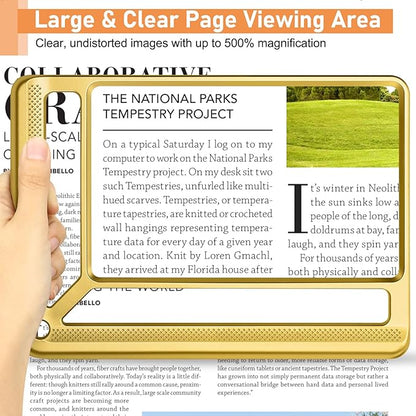 5X Full Page Magnifying Glass for Reading, Lightweight Rectangular Magnifier Provides Large Book Page Viewing Area, Handheld Magnifier for Reading Small Prints for Seniors, Low Vision-Gold