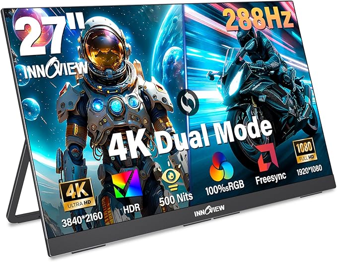 InnoView 27 Inch Monitor Dual Mode 4K UHD 120Hz/FHD 288Hz Portable Monitor for Laptop, USB-C, HDMI Computer Display HDR IPS Gaming Monitor, Kickstand, Speakers, for PC, MAC, Phone, PS4, Xbox, Switch