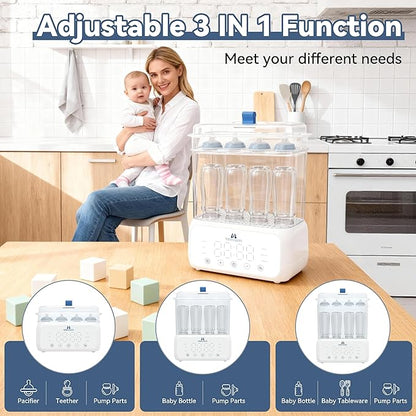 Mammy Bunny 3-in-1 Baby Bottle Sterilizer and Dryer – 6 Smart Modes with Fast Drying, Food Warmer & Storage – Fits 6–8 Bottles, Pacifiers & Pump Parts – BPA-Free