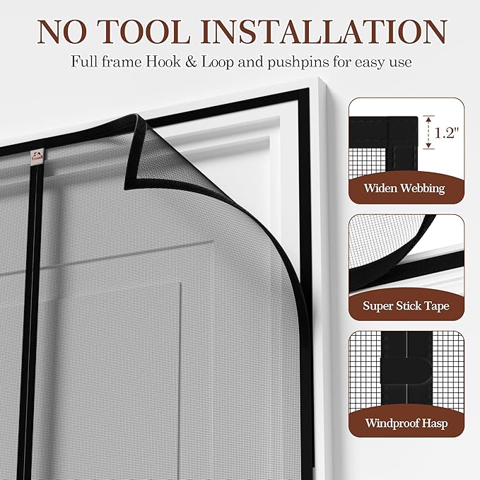 Yotache Magnetic Screen Door Fits Door Size 32 x 88, Screen Size 34" x 89" Reinforced Fiberglass Mesh for Back Door Black