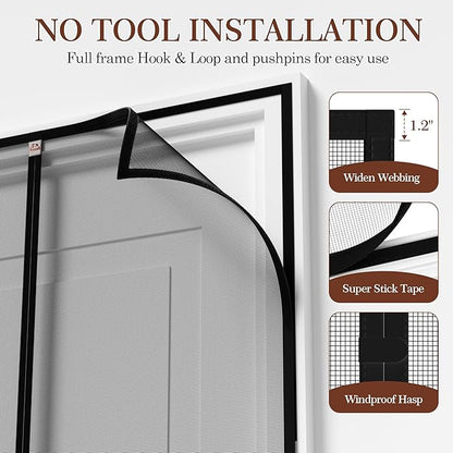 Yotache Magnetic Screen Door Fits Door Size 39 x 82, Screen Size 41" x 83" Strengthened Fiberglass Mesh with Full Frame Hook & Loop for Sliding Door Black