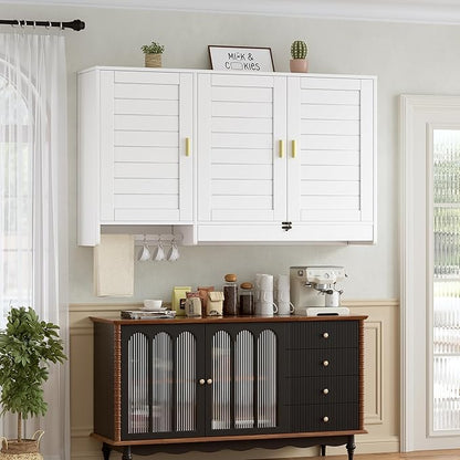 PAKASEPT 44.8" W Kitchen Wall Cabinet, Laundry Room Cabinets - Bathroom Wall Cabinet with Flip-Bottom Drawer and Hanging Rod, Storage Cabinets for Bathroom, Kitchen, Entryway, Laundry Room