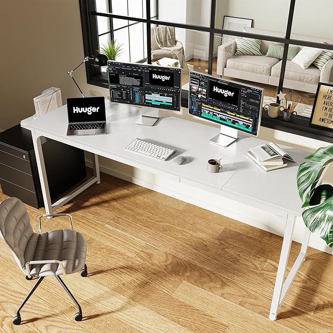 Huuger Computer Desk, 70 Inch Office Desk, Gaming Desk with Storage, Writing Desk Work Desk for Home Office, Study, Long Simple Desk, Large Legroom, Metal Frame, White