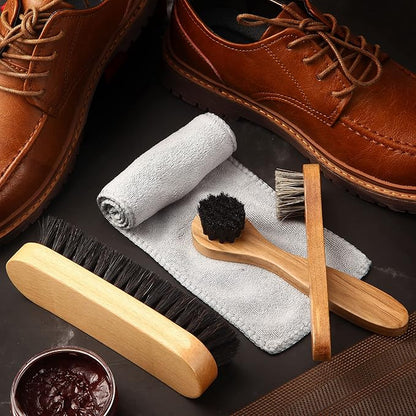 4 Pcs Horsehair Shine Shoes Brush Kit Polish Dauber Applicators Cleaning Leather Shoes Boots Care Brushes Suede Cleaner Brush with Microfiber Shoe Cloth(4 Pcs Style B)