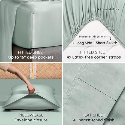 Bambaw 100% Viscose Derived from Bamboo Sheets California King Size – 4pcs Deep Pocket Cooling Sheets, Fits Up to 16'', Buttery Soft & Luxury California King Set (Sea Glass)