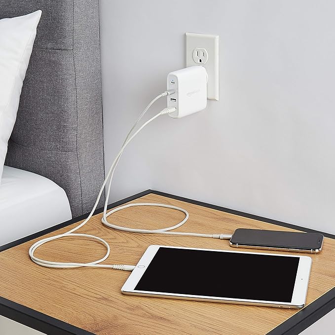 Amazon Basics 100W Four-Port GaN Wall Charger w/ 2 USB-C (100W,18W) & 2 USB-A Ports (12W) w/PD for Laptops, Tablets & Phones (iPhone 16/15/14/13/12/11/X, iPad, Mac, Samsung, and More), Non-PPS, White