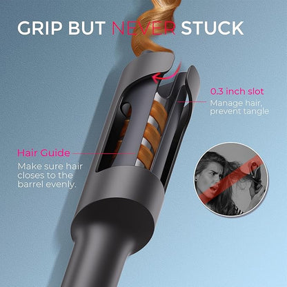 TYMO Automatic Rotating Curling Iron - TYMO CURLPRO Beach Waves Curling Wand, Portable Hair Curler, 500 Million Ionic, Dual Voltage & Lightweight for Travel, Ceramic Coating, 1 1/4 Inch, Metallic Gray