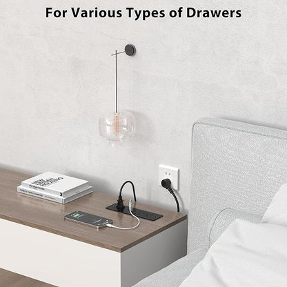 Furniture Drawer Outlet, Recessed Power Strip with (3) PD 20W USB Ports Fast Charging & (3) 15 Amp AC Outlets, (14 AWG) 10 FT Spring Black Cord