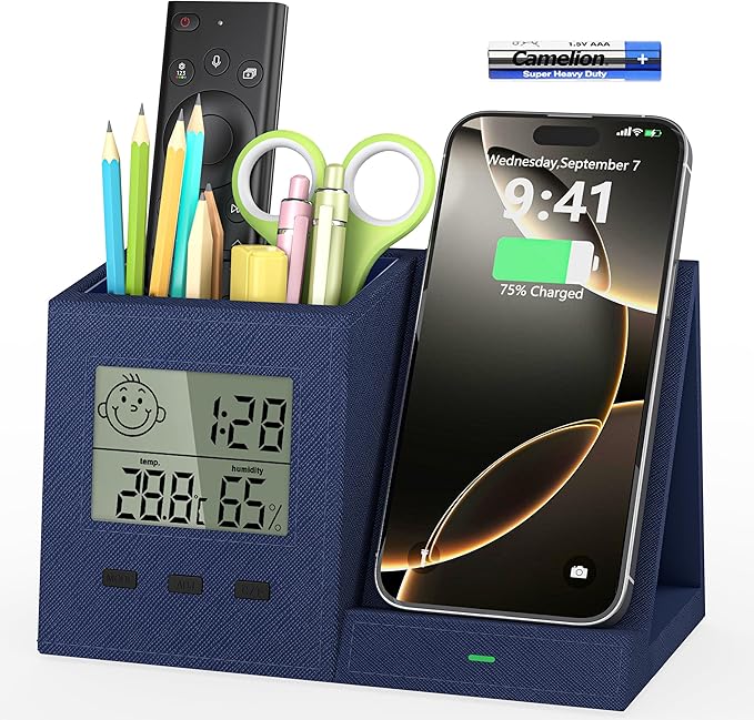 3-in-1 Wireless Charger with Pen Holder, Desk Clocks with Temperature and Humidity, Compatible with iPhone 16/15/14/13/12/11/8Series, Pencil Holder for Desk Home Office, Men Gift Idea Gadget, Blue