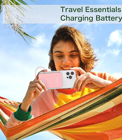 miisso 6000mah Ultra Slim Built in Cables Power Bank, Card Size Built in USB C Cords Battery Pack Portable Charger for Phones, 3 Output External Battery Pack Compatible with iPhone, Pink
