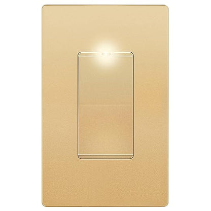 LIDER Minimalist Design Matte Finish Lighted Decorator Switch with Screwless Wall Plate, Frameless Paddle Light Switch with Locator Light, 3-Way, Grounding Screw, 15A 125V, UL Listed, Gold