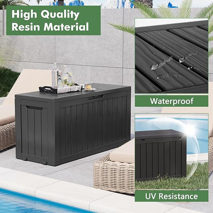 NUNU LAB 75 Gallon Outdoor Storage Box,Large Resin Sturdy Deck Box, Backyard Outside Storage Box Waterproof with Double Wall Panels,Package Delivery Garden Hose Storage Bin Outdoor Tool