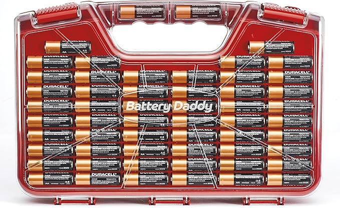 Ontel Battery Daddy Storage & Organizer Case with Tester, Stores & Protects Up to 180 Batteries, Double-Sided, Durable Design with Clear Locking Lid, Secure Latches & Portable Carrying Handle - Red