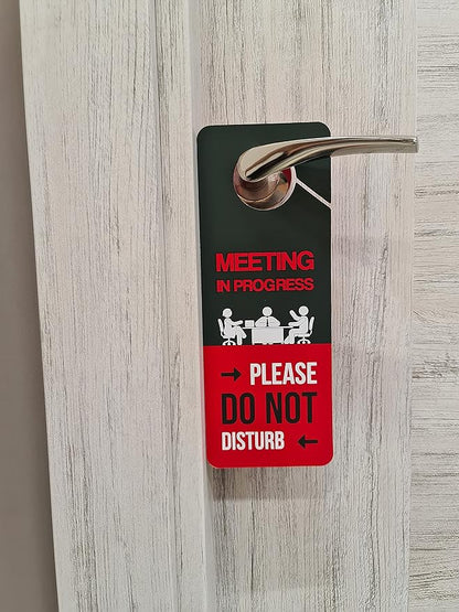 Business Design, Meeting In Progress Do Not Disturb Door Hanger Sign, 2 Pack, Double Sided, Ideal for Offices, Online Sessions and Meetings, Online Classes, Home Offices, Counseling