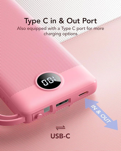 VRURC Portable Phone Charger, Travel Portable Charger with 4 Cables, 5 Outputs 2 Inputs Slim USB C Power Bank, Built-in Cables Cords for iPhone 17 16 15 14 13,Samsung,Android-Barbie Pink(1 Pack)