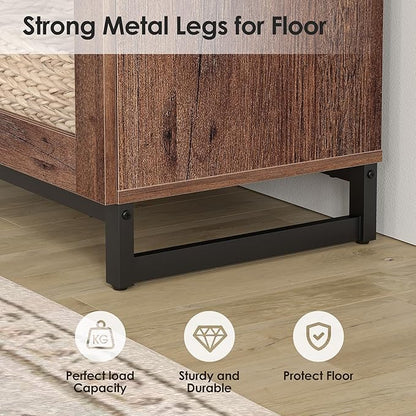 WAMPAT Modern TV Stand with Glass Doors for 110 inch TVs, Farmhouse Entertainment Center TV Console with Adjustable Shelves for Living Room, Bedroom, Brown