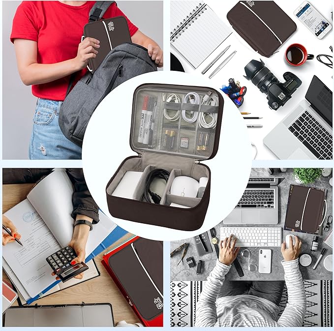 Electronics Organizer,Travel Cord Organizer Pouch, Portable Cable Organizer Bags, Waterproof Electronic Accessories Storage Case for Cables, Cords, Charger, Phone (Double Layer-Brown)
