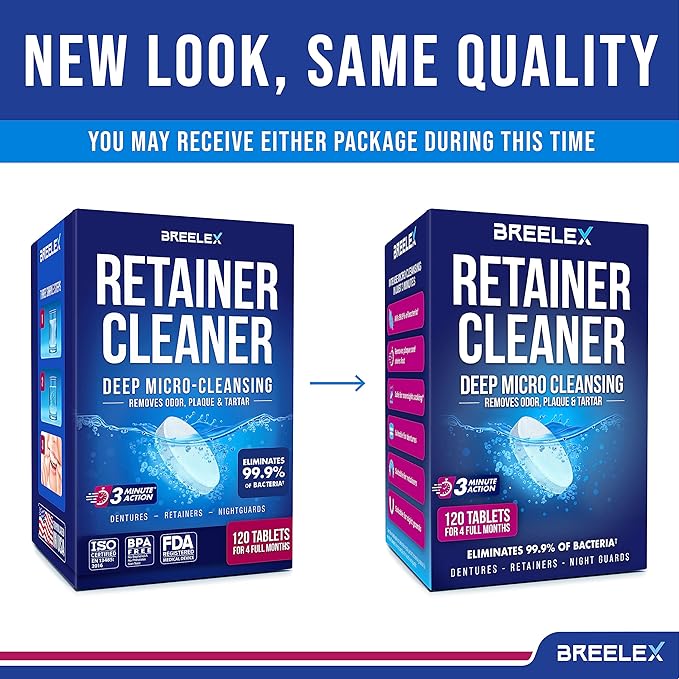 Breelex Denture Cleaning Tablets - 120 Retainer Cleaner Tablets for Aligner, Mouth & Night Guard - FSA HSA Approved Products - Dental Cleanser for Nightguard - Fresh in 3 Minute - Denture Cleaner