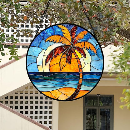 DASTOLL Stained Glass Window Hanging 4 Pcs Set Blue Orange Ocean Beach Theme Large 15" - Suncatcher Door Garden Sun Catcher Decor Birthday Christmas for Mom Woman Nana Men Wife