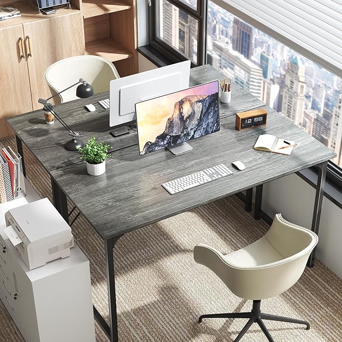 Huuger Computer Desk, 55 Inch Home Office Desk, Gaming Writing Work from Home Study Desk, Large Legroom, Sturdy Metal Frame, Modern Simple, Grey