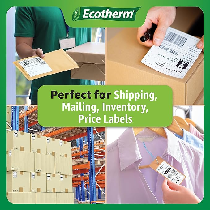 4" x 1.25" Thermal Labels | 6 Rolls | 12600 Labels | fits Zebra, Munbyn, Rollo, Godex, Arkscan, iDPRT, Offnova Thermal Label Printers and More | Blank White Adhesive Stickers by Ecotherm