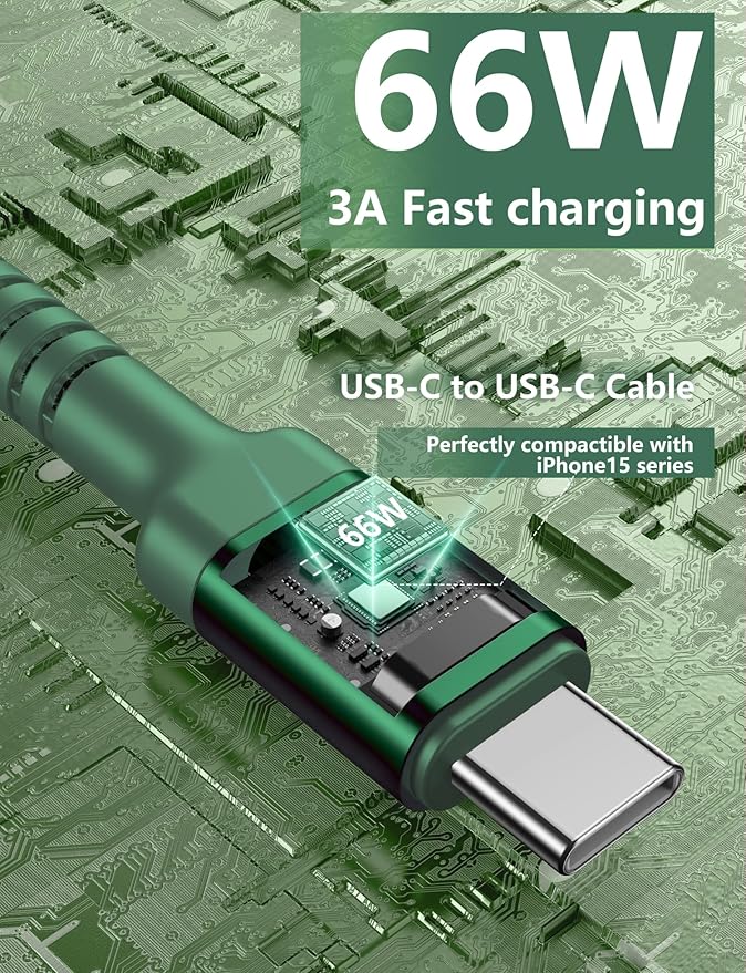 USB C Cable Fast Charging 10FT, 2Pack USBC to USBC Cable, iPhone 16 15 Charger Long Type C Nylon Braided USB-C Charger Cord for iPhone 17/16/15/Pro Max/Plus/Samsung Galaxy S23/LG and More-Green
