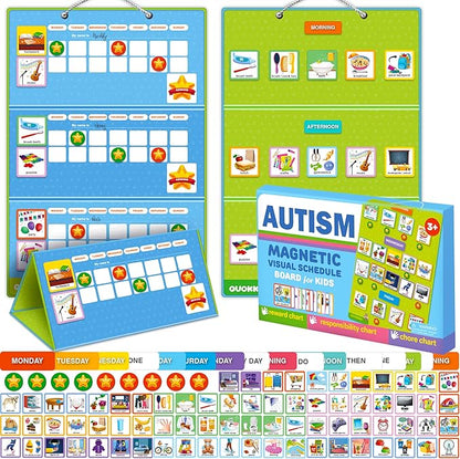 QUOKKA Visual Schedule for Kids with Autism - 145 Reward Chore Chart for Multiple Kids - Behavior Routine Toy for Autistic Children Age 5-7 ADHD Tools - Responsibility Board Autism Learning Material