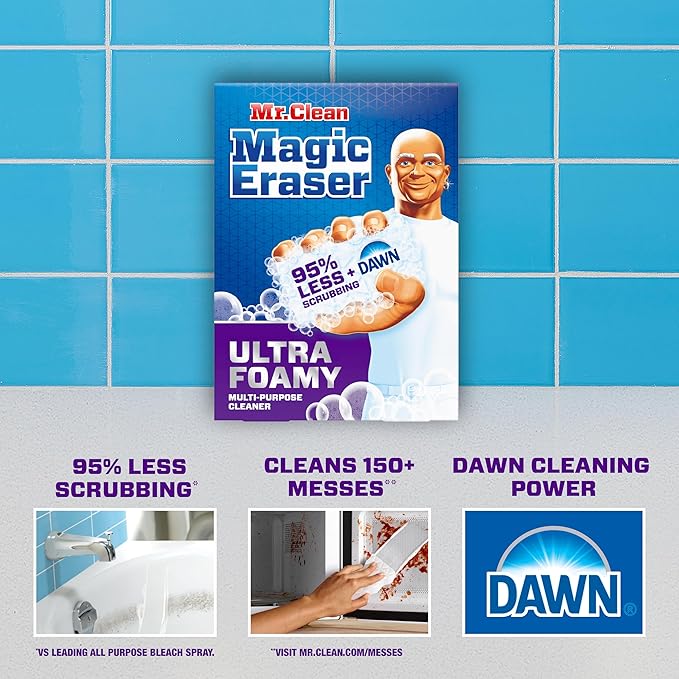 Mr. Clean Magic Eraser Foaming Sponge, All Purpose Cleaner, Dawn Cleaning Power, Wall Cleaner, Sneaker Cleaner, Oven Cleaner, Kitchen, Bathroom, Shower Cleaning Supplies, Scrubber, Ultra Foamy, 5ct
