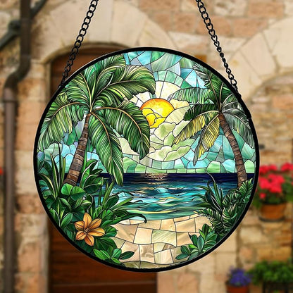 DASTOLL Stained Glass Window Hanging, Green Beach Scenery Suncatcher Diamond Glass Panel Hangings Sun Catchers Decor for Birthday for Women, Men, Wife, Aunt, and Mom 9.8 in