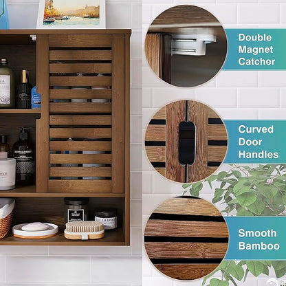 SMIBUY Bathroom Cabinet Wall Mounted, Bamboo Over-The-Toilet Storage Organizer, Space Saver Medicine Cabinet with 2 Door and Adjustable Shelves (Walnut)