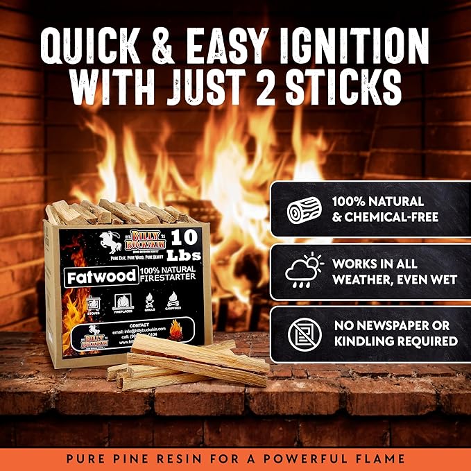 10lb Fatwood Fire Starter Sticks | 100% Natural Fire Starters for Campfires, Firepit, Fireplaces, BBQ, Wood Stoves | Easy Ignition w/Just 2 Sticks | Camping Essentials by Billy Buckskin (10lb Box)