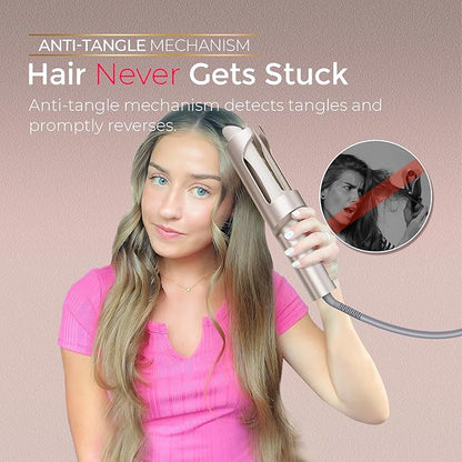 Upgraded Automatic Rotating Curling Iron - TYMO CurlPro Plus Long Barrel Curling Wand for Long Hair, Ceramic Hair Curler for Women, Anti-Scald, Tangle-Free, 600M Ionic, Dual Voltage, Gold, 1 1/4 Inch