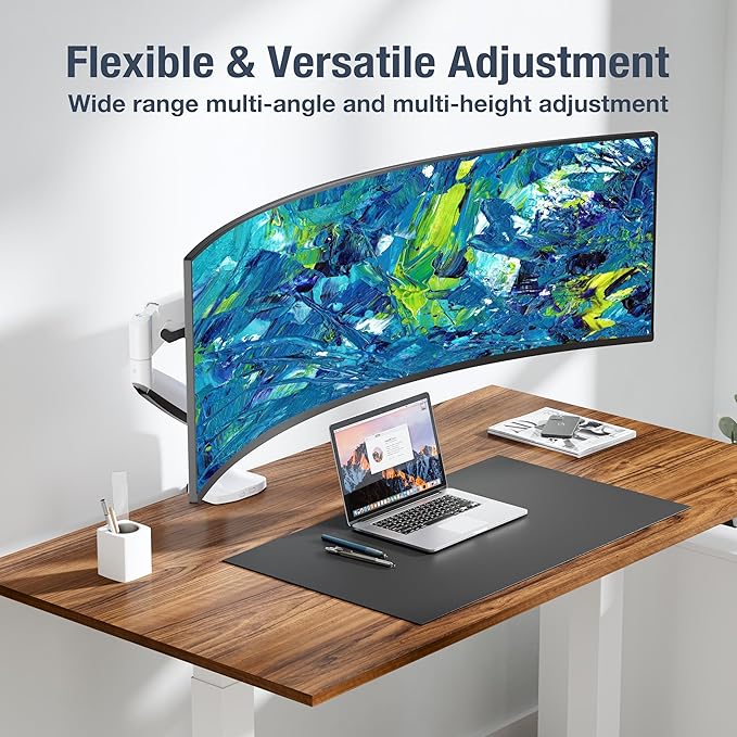 AVLT Single 17"-45" Monitor Arm Desk Mount Premium Mechanical Spring fits One Flat/Curved/Ultrawide Monitor Full Motion Height Swivel Tilt Rotation Adjustable, White