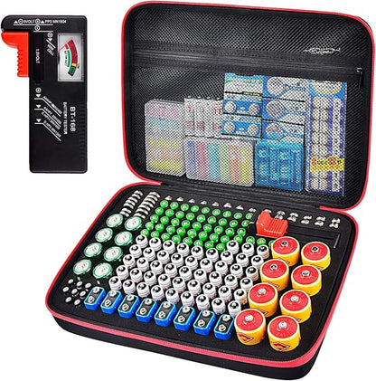 Battery Organizer Storage Holder Case Box with Tester Checker BT-168. Holds 225 Batteries AA AAA C D Cell 9V 3V Lithium (Red)