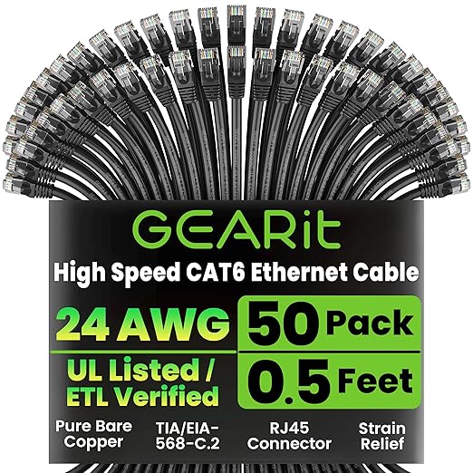 GEARit Cat 6 Ethernet Cable Pack - 50-Pack 0.5 ft Cat6 Ethernet Patch Cables | RJ45 Network Patch Cable, 10 Gbps Snagless Gold-Plated Connectors - Ethernet Cable Cat 6 for PC, TV, Router - Black