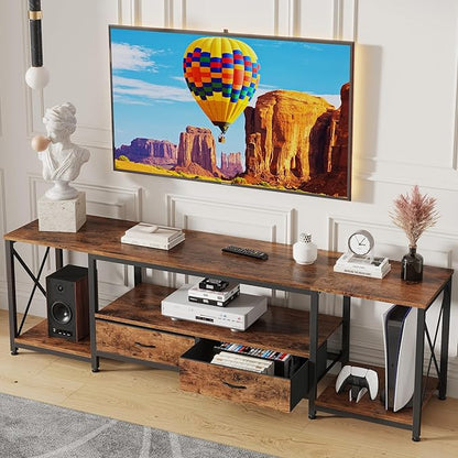 GYIIYUO TV Stand with Fabric Drawers - Entertainment Center and Industrial Console Table with Open Storage Shelves for Living Room, Bedroom - 71.5" Rustic Brown
