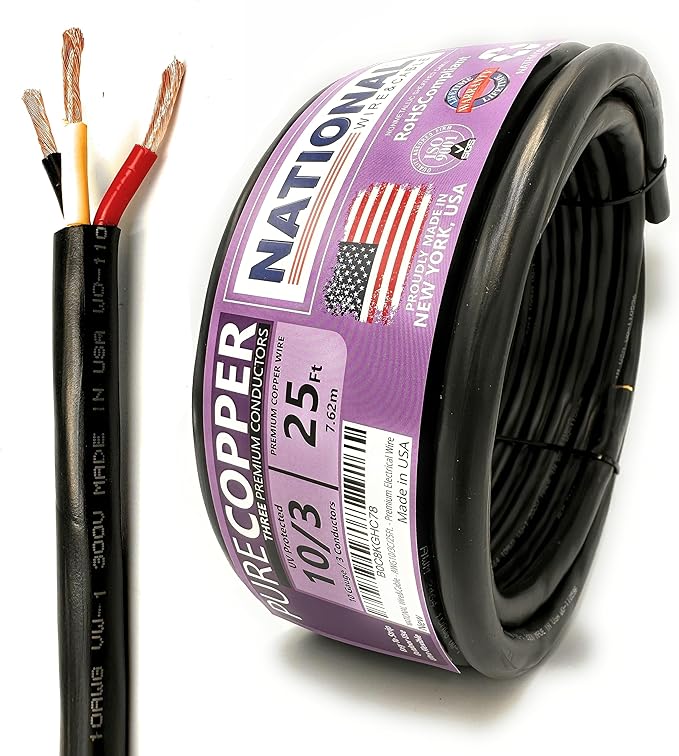 NATIONAL Wire & Cable – 10 AWG 3-Conductor Premium Copper Wire, 25 ft, Stranded | Made in USA, Heavy-Duty Flexible Jacket | Automotive, Solar, Battery, Indoor and Outdoor Use