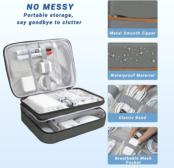 Electronics Organizer,Travel Cord Organizer Pouch, Portable Cable Organizer Bags, Waterproof Electronic Accessories Storage Case for Cables, Cords, Charger, Phone (Three Layer-Gray)
