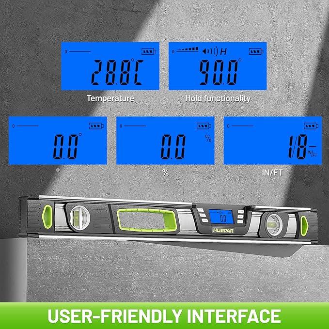 Huepar 24-Inch Digital Level, Professional Magnetic Electronic Torpedo Level with LCD Display, Audible Alerts, IP54 Dust/Waterproof, Angle Finder Tool with Carrying Case
