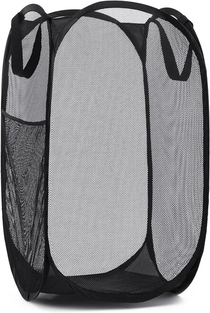 Handy Laundry Collapsible Mesh Pop Up Hamper with Wide Opening and Side Pocket - Breathable, Sturdy, Foldable, and Space-Saving Design for Clothes and Storage (Black)